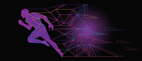 Abstract neon running woman made of geometric polygons, futuristic speed and motion concept © LenLis