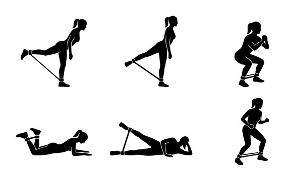 Fitness Band Exercises, Silhouette Set: Glute Kickbacks, Squats, Leg Lifts, Core Workout