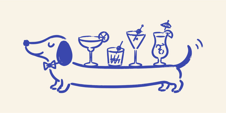 Dachshund Cocktail Waiter Naive Art Vector Illustration