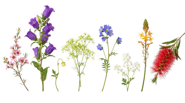Wildflower botanical collection with colorful spring blossoms, vibrant floral stems of bellflowers and bottlebrush, assorted meadow flower variety isolated PNG with Transparent Background