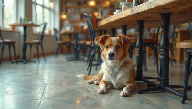 Cozy cafe atmosphere with dog lounging on floor under table. Friendly dog relaxes in warm environment of restaurant, surrounded by wooden furniture and welcoming ambiance.