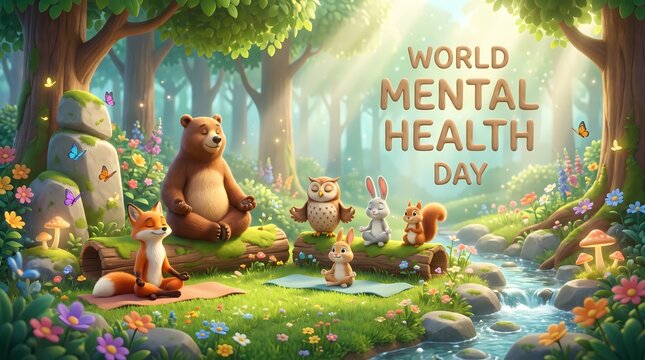 World Mental Health Day Banner with Cute Forest Animals Meditating in Serene Nature