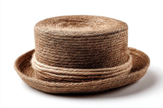 A rustic, handmade straw hat with a wide brim and woven texture sits elegantly, showcasing artisanal craftsmanship.