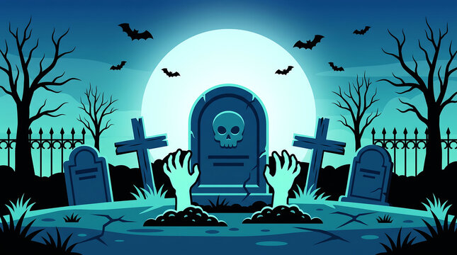 Halloween night graveyard scene with zombie hands rising from ground, full moon, tombstones and flying bats background vector illustration