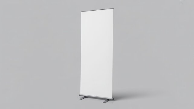 Empty roll-up banner stand mockup on a plain gray studio floor