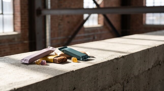 Protein snack bars and vitamin gummies on concrete ledge in industrial window light