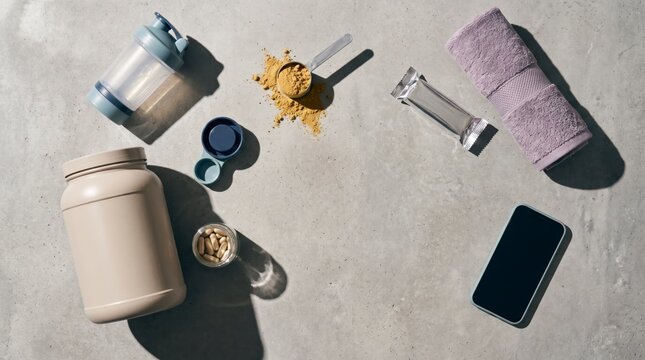 Top view of sports nutrition kit with jar shaker towel and smartphone on concrete
