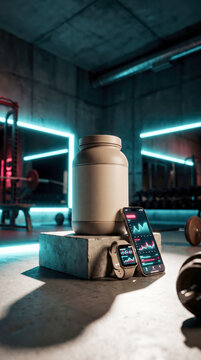 Protein jar with fitness app on phone and smartwatch in moody neon lit gym