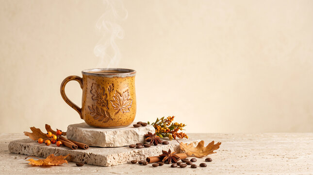 ceramic autumn mug with hot drink on stone podiums with coffee beans and leaves