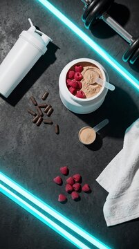 Dark gym flat lay with protein powder shaker capsules and dumbbell under neon light