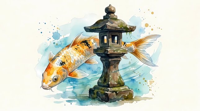 A colorful koi fish swims peacefully near a traditional stone garden lantern which evokes a sense of calm and meditative balance for those seeking authentic cultural artistic expression and