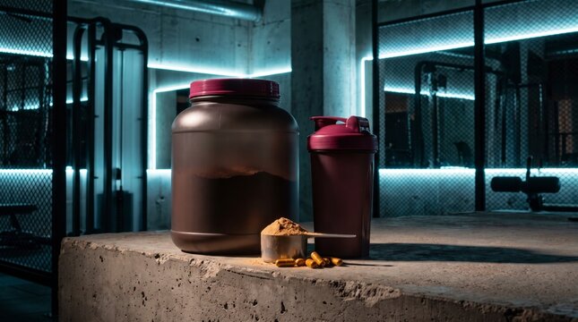 Chocolate protein tub and maroon shaker with scoop on ledge in neon lit gym
