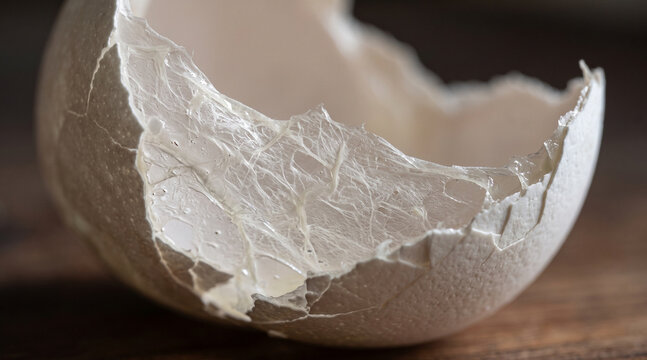 Cracked white eggshell with fine membrane macro view texture.