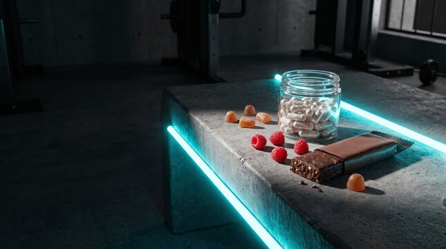 Glass jar of supplement capsules with gummies berries and protein bar in neon gym