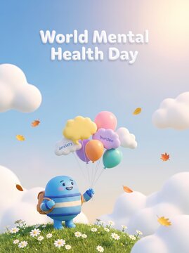 Cute 3D Character Holding Colorful Balloons On Grassy Hill For Emotional Wellness