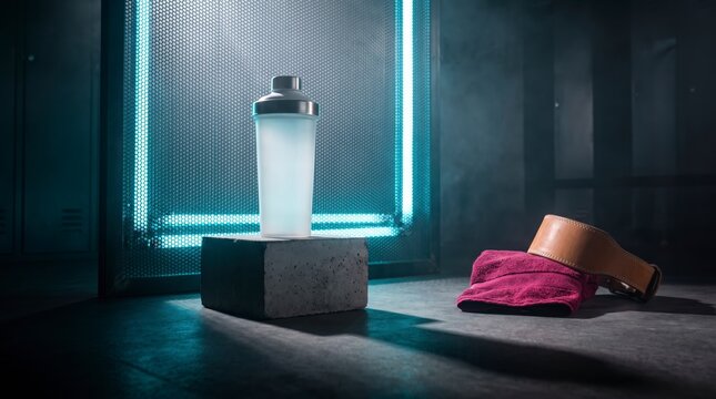 Translucent shaker bottle on concrete riser with gym towel and weightlifting belt