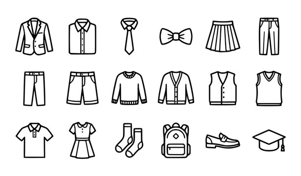 School Uniform and Academic Clothing Line Icon Set Featuring Blazer Shirt Tie Skirt Trousers Sweaters Backpack and Graduation Cap Vector Graphic Bundle