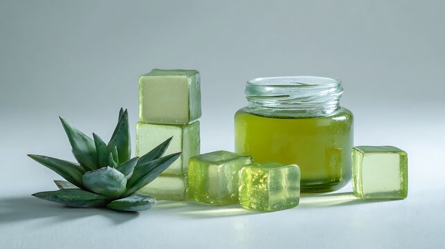 Aloe vera gel jar surrounded by translucent green cubes and succulent plant on white surface with arranged alongside translucent displays glass jar