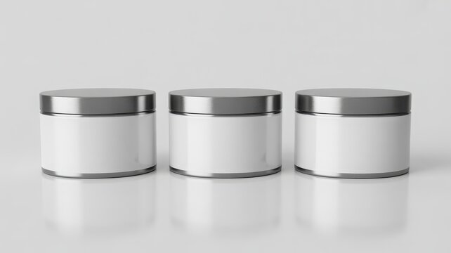 Three blank white cosmetic cream jars with silver metallic lids isolated on white background