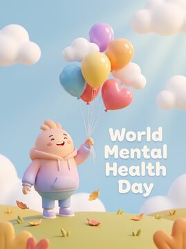 Cute 3D character holding colorful balloons in a sunny landscape for World Mental Health Day banner