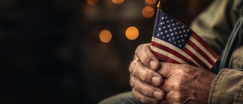 elderly veterans wrinkled hands gently holding a small american flag against dark background with warm bokeh lights