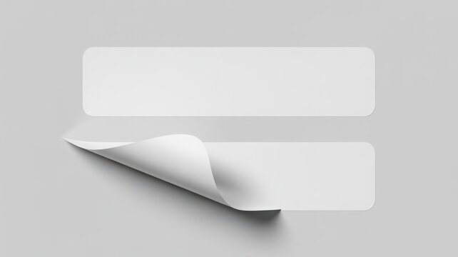 Blank white rectangular adhesive stickers mockup, one with a curled corner, on grey background