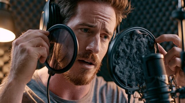 Male Podcast Host Adjusting Pop Filter in Home Recording Studio