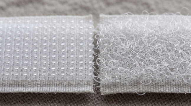 Close-up of hook and loop fastener showing textured surfaces and interlocking mechanism.