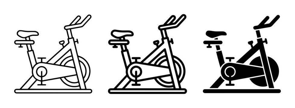 Spin Bike Icons, Stationary Exercise Bicycle Vector Graphics, Fitness Equipment Set