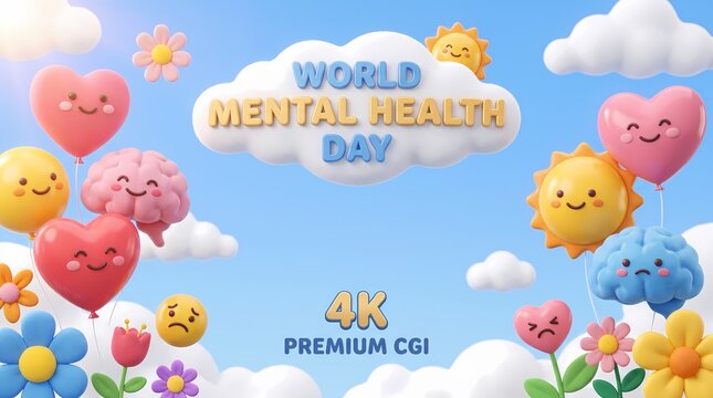 World Mental Health Day Celebration with Cute 3D Smiling Hearts and Happy Brain Illustrations