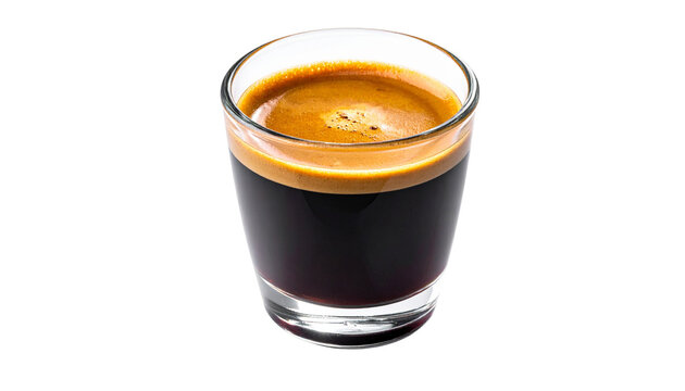 A small glass cup of rich espresso with a thin golden crema layer on top, isolated on transparent background