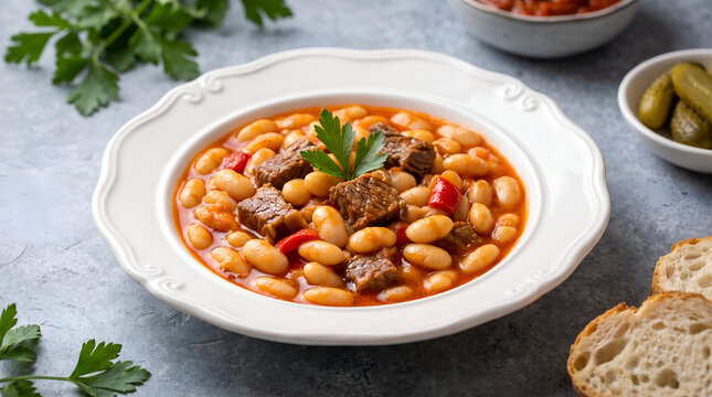Food photography of White bean stew with meat, Turkish Kuru Fasulye dish