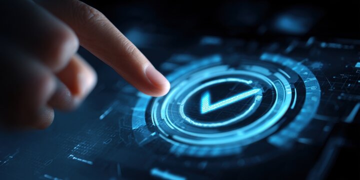 Finger pressing glowing blue check mark button on futuristic digital interface for system confirmation and success validation with pressing technology interface confirmation validation
