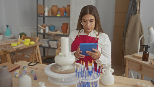 Woman in red apron holds and taps a blue tablet while seated behind a pottery wheel among brushes and clay pots in a studio; concentration craft.