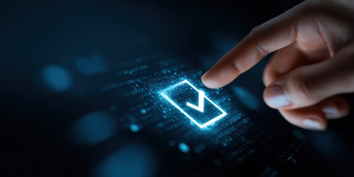 Person using finger to activate digital check mark icon on glowing touchscreen technology display with touching technology confirmation interface activation futuristic software