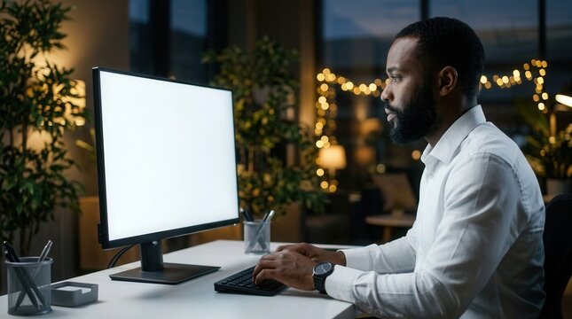 Unrecognizable black businessman using computer with empty blank screen sitting at workplace in office offering space for mockup on monitor