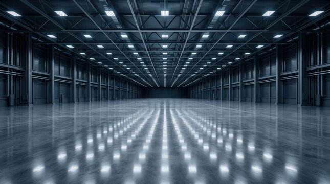Full seamless spherical HDRI panorama 360 degrees of a large empty room as a warehouse hangar or gallery with spotlights in equirectangular projection VR AR concept