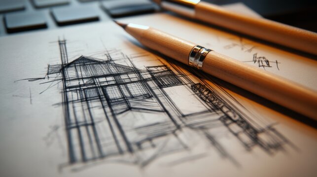 Architectural Sketching of Modern Building Design with Pencils on Desk