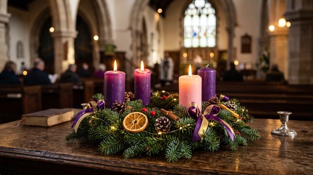 Traditional Advent wreath with four lit candles, purple and pink Christmas candles on church altar, festive evergreen wreath with dried orange and pinecones