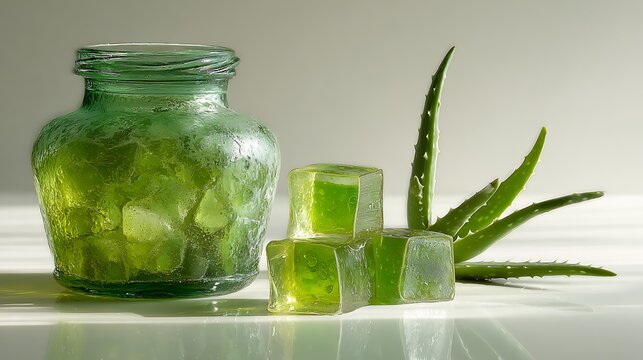 Green aloe vera gel cubes resting beside translucent glass jar natural skincare product presentation with surface fresh leaves leaves soft lighting