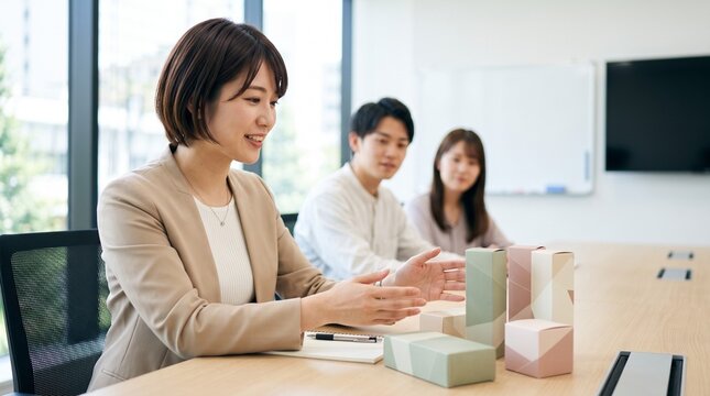 会議室にて、テーブルに置かれた数種類の化粧品箱パッケージデザインを見ながら、若いチームメンバー数名と穏やかな笑顔で議論している商品開発担当20代日本人女性社員のクローズアップポートレート