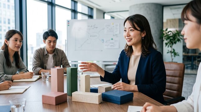 会議室にて、テーブルに置かれた数種類の化粧品箱パッケージデザインを見ながら、若いチームメンバー数名と穏やかな笑顔で議論している商品開発担当20代日本人女性社員のクローズアップポートレート