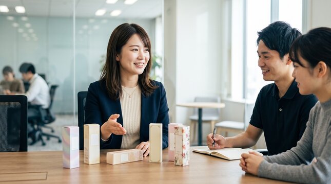 会議室にて、テーブルに置かれた数種類の化粧品箱パッケージデザインを見ながら、若いチームメンバー数名と穏やかな笑顔で議論している商品開発担当20代日本人女性社員のクローズアップポートレート