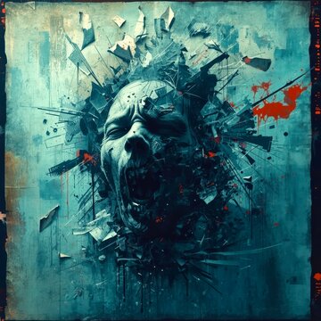 Dark, fragmented face erupts with violent red splatters