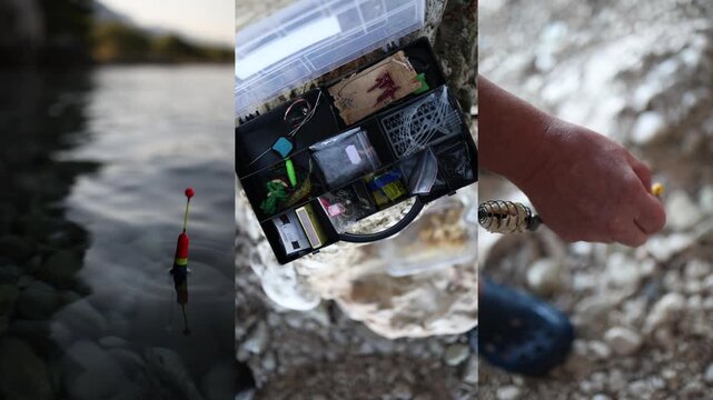 Fishing gear collage combines a float on calm water tackle box with hooks and lures and a hand holding a feeder rig while preparing for recreational shore fishing outside