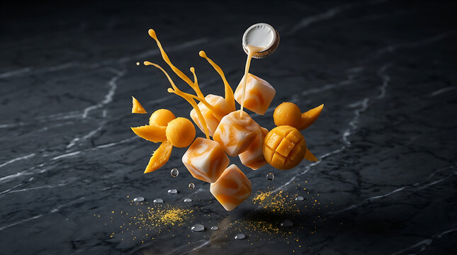 Refreshing Mango Yakult Drink with Cubes of Mango and Milk Splashing in Mid Air Against a Dark Marble Background Creating a Dynamic and Appetizing Advertisement