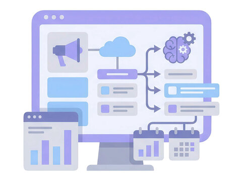 AI publishing dashboard clipart, multichannel content planning, isolated on white background