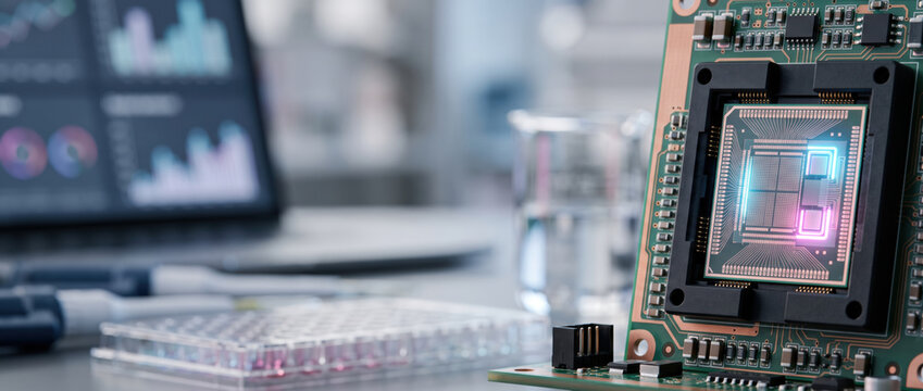 Microchip circuit board on desk in modern laboratory