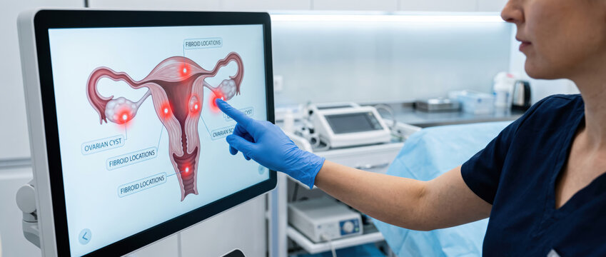 Womens health gynecology clinic doctor pointing at digital uterus screen