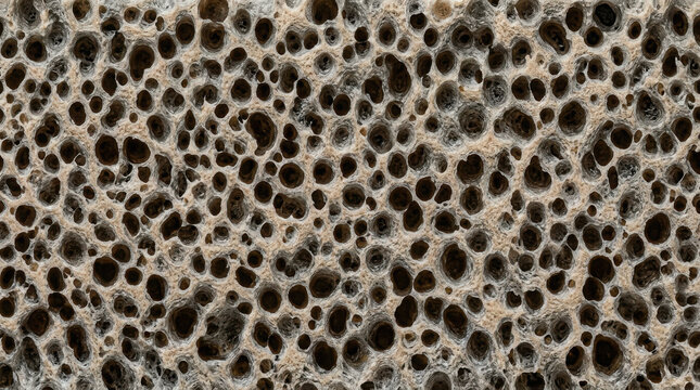 Detailed macro texture of a beige porous sponge with many dark circular holes generated using ai